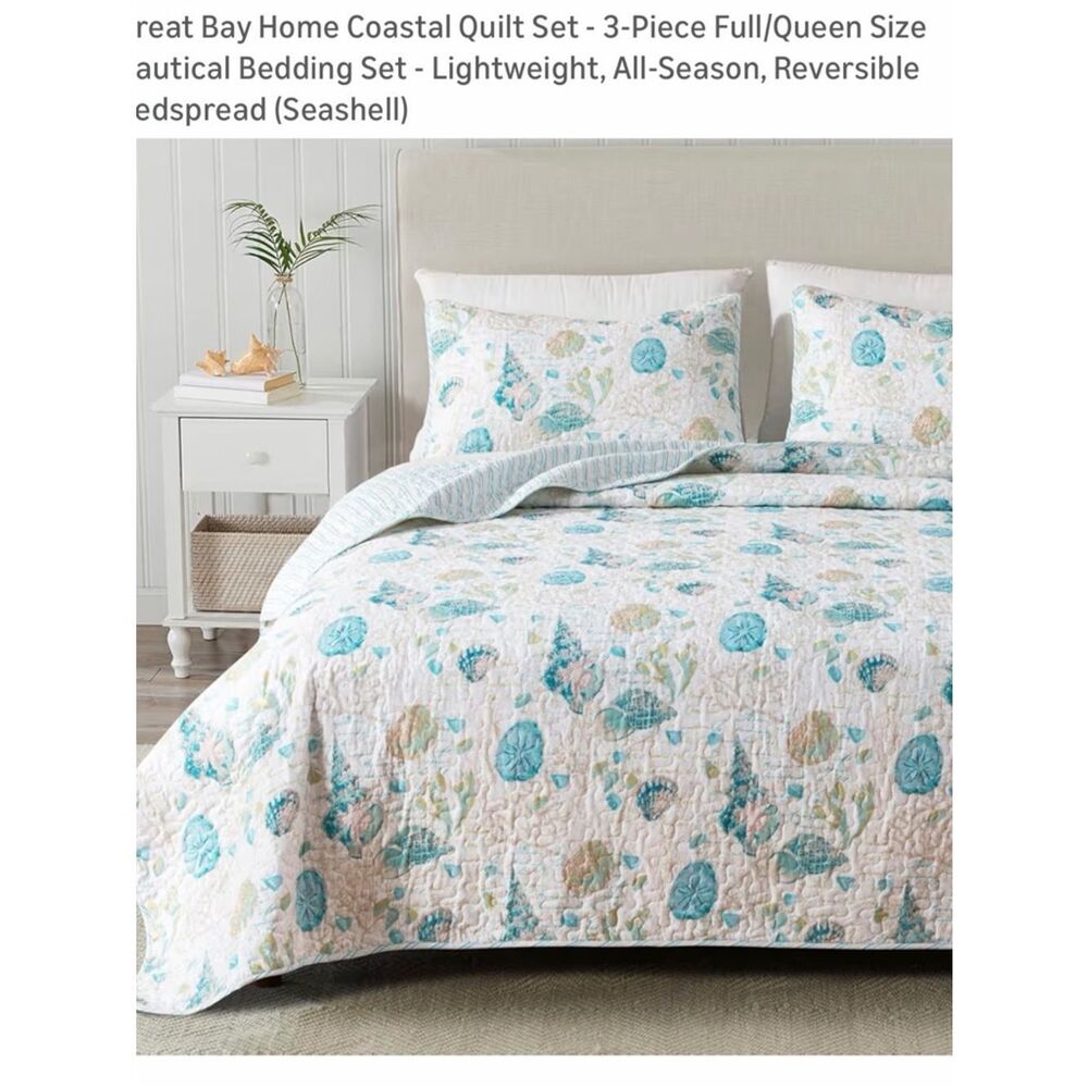 Coastal Seashell Quilted Bedspread Set in Aqua and Cream - 3-Piece